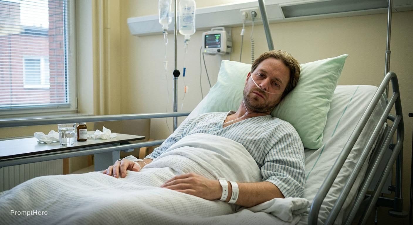 AI generated: 1man, sick, laying on bed, Looking at viewer, hospital background