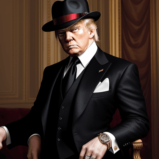 AI generated: Trump, the ruthless mafia boss, is seen in this image dressed in a tailored suit from the early twen...