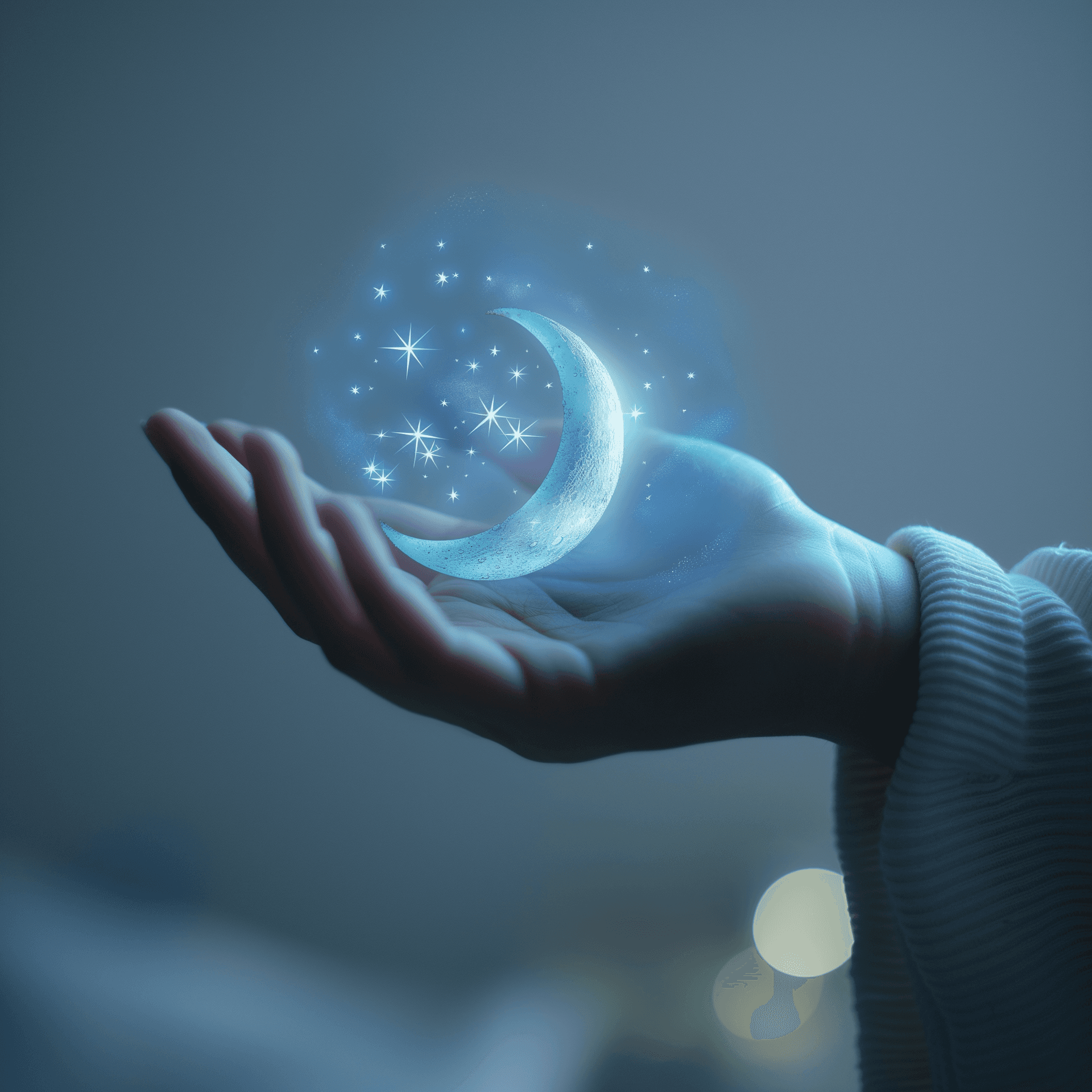 AI generated: hand with glowing moon and star inside it, side view against a bright background, simple design in a...