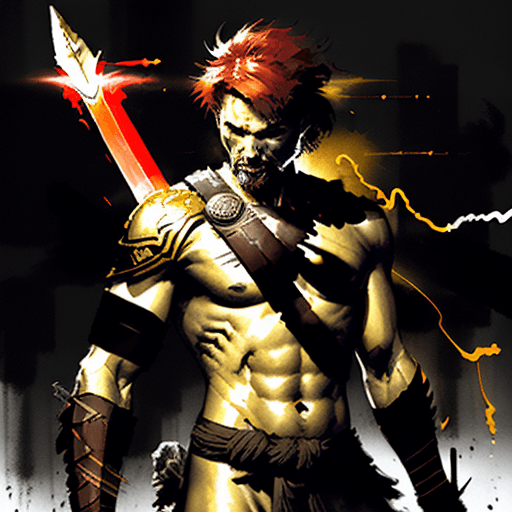 AI generated: ancient spartan man, short red hair, wielding a sword of light, golden left forearm, his spirit burn...