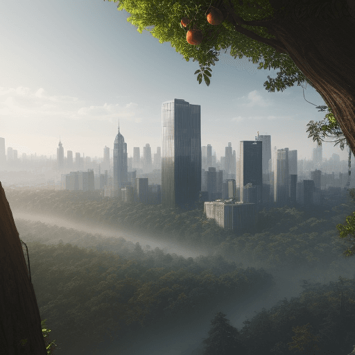 AI generated: High-detail photos,dense forest background, transparent apple with a city with skyscrapers inside,cl...