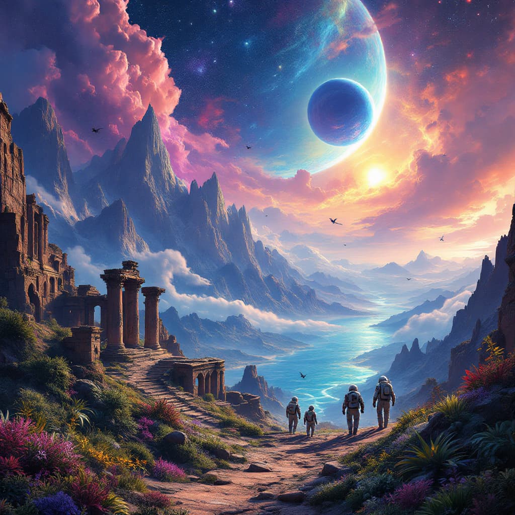 AI generated: extrem fantastic view over an alien landscape on anaother planet ,far away in a distant galaxy,very ...