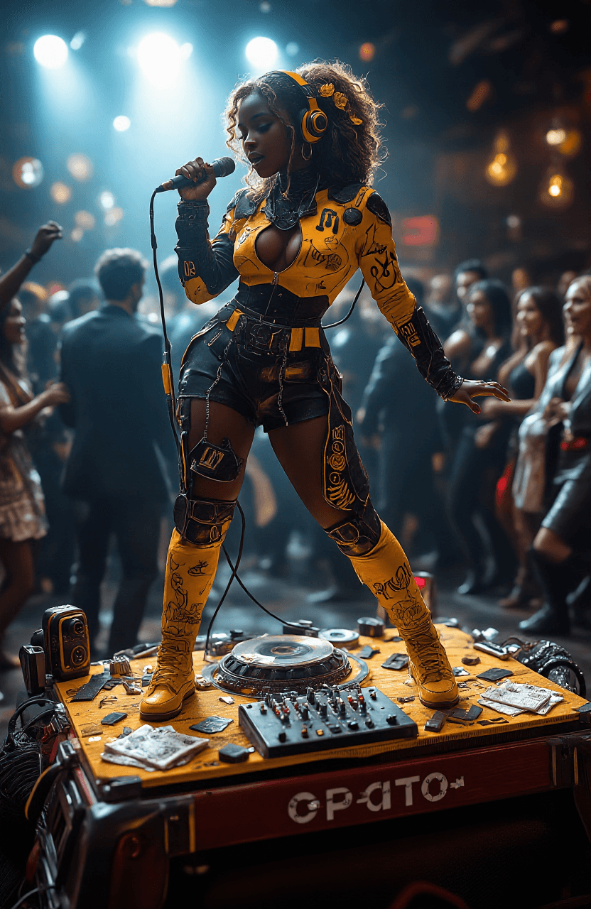 AI generated: A cinematic movie scene on a giant turntable above the crowd, a beautiful African DJ  with perfect s...