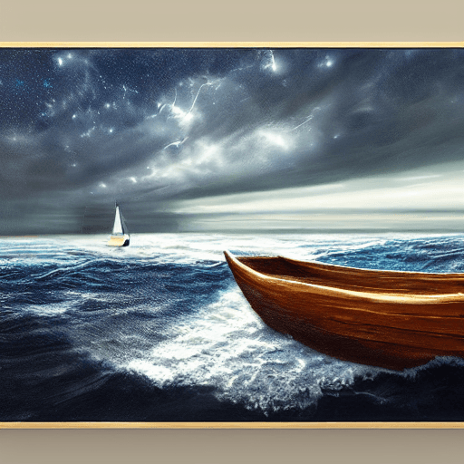 AI generated: A real photographic landscape painting with incomparable reality,Super wide,Ominous sky,Sailing boat...