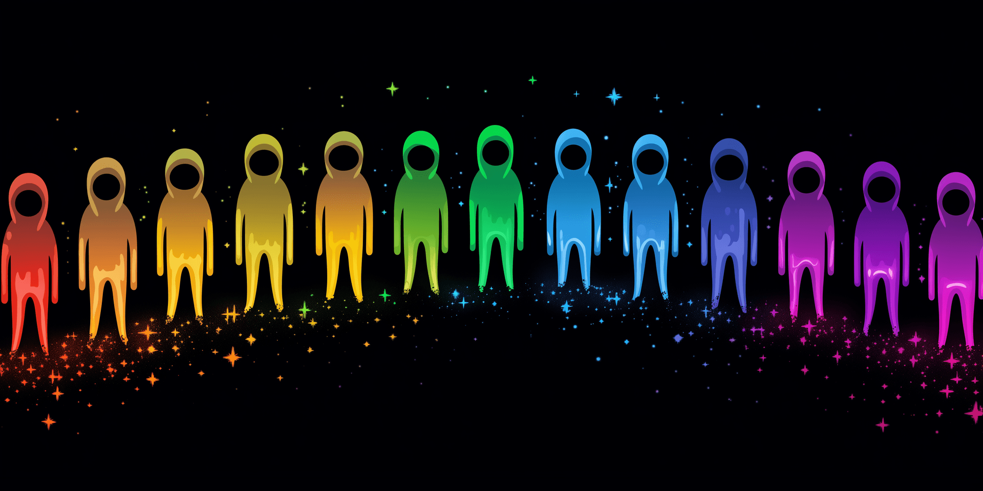 AI generated: 8-bit pixel art of space creatures, arranged in a rainbow gradient on a black background, simple des...
