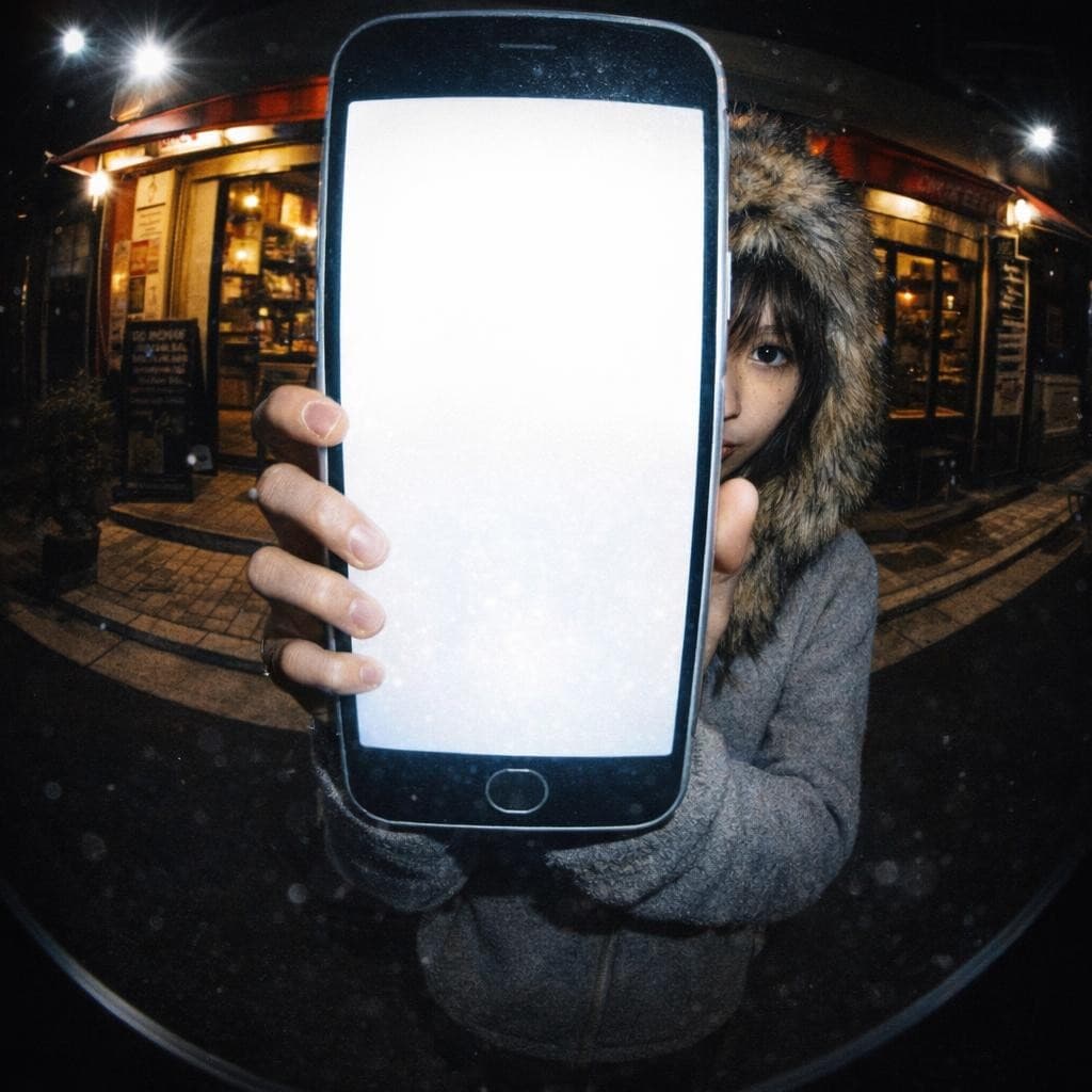 AI generated: urban restaurant exterior at night, harsh direct flash photography, gritty candid street scene

a pe...