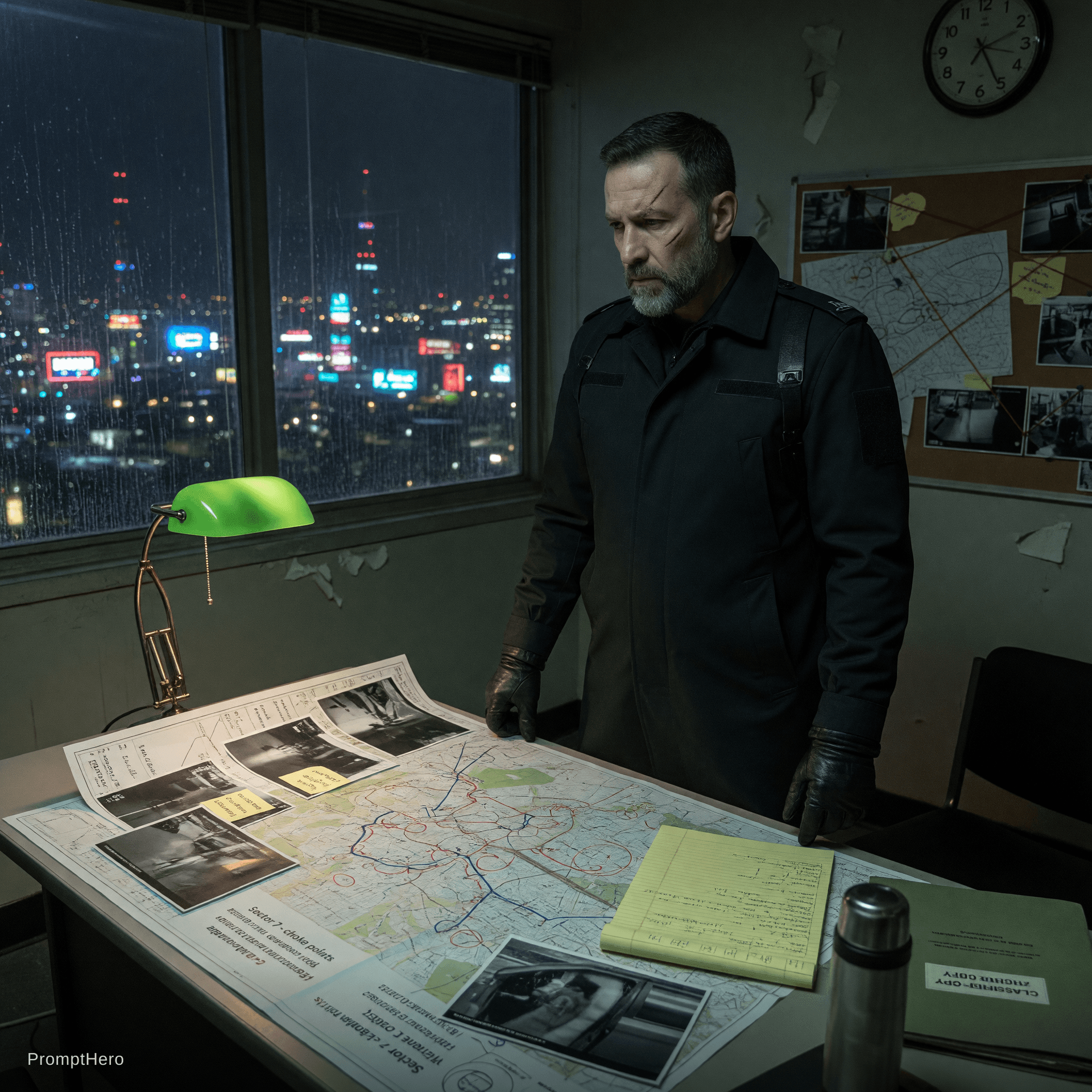 AI generated: Male, late 40s, calm and intelligent former intelligence strategist.

Appearance:

dark tactical ove...