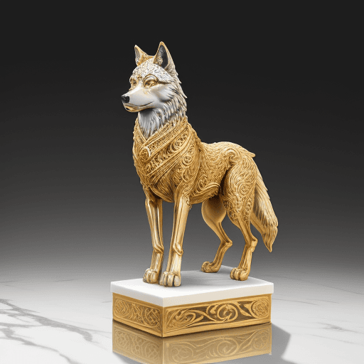 AI generated: gorgeous wolf statue with gold filigree :: carved marble --q 2 --s 3000 --ar 1:2 --uplight