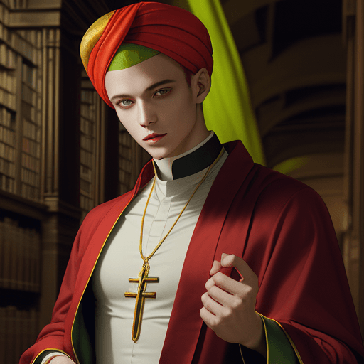 AI generated: portrait of a male priest inside a temple library, very short red hair, lime colored robe, lime colo...