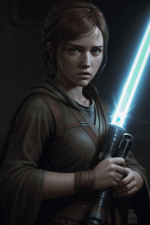 AI generated: Ellie from the Last of Us holding as Obi-Wan Kenobi from Star Wars, holding a lightsaber, digital po...
