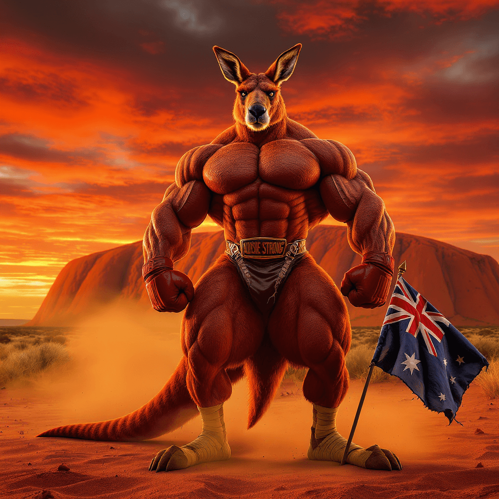 AI generated: "Sunset Showdown – Ripped Red Kangaroo Bodybuilder at Uluru"**  

**"A massive, hyper-muscular red...