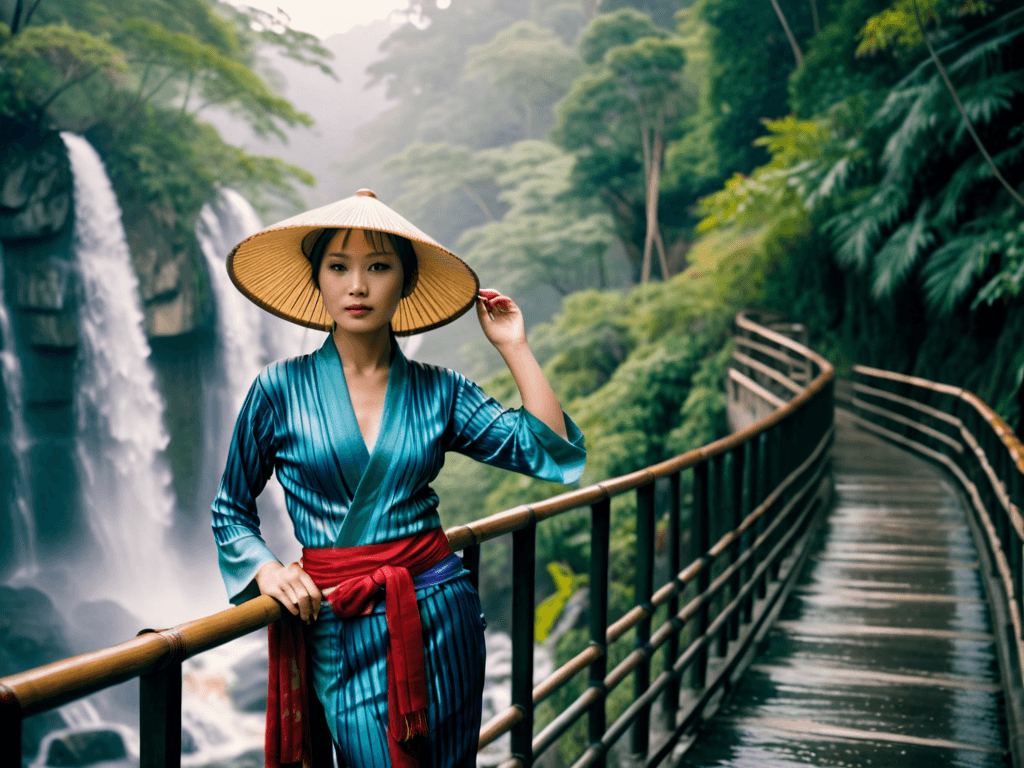 AI generated: Medium close-up, film still of, a Asian woman standing on a bridge next to a waterfall, misty, weari...