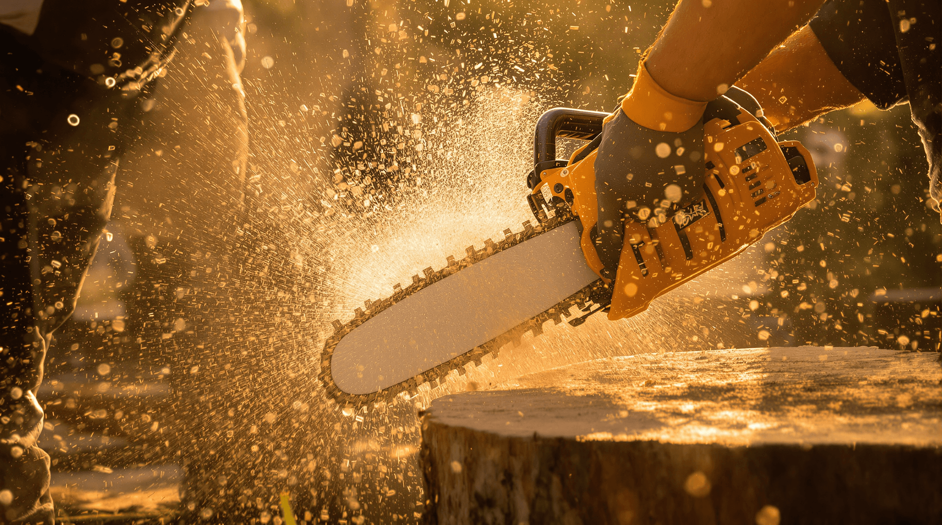 AI generated: Lumberjack cutting wood with chainsaw, close-up action shot, sawdust flying, golden hour sunlight, a...