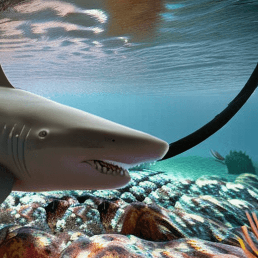 AI generated: underwater scenery and an insane realistic and dangerous wite shark opening its jaws at a camera