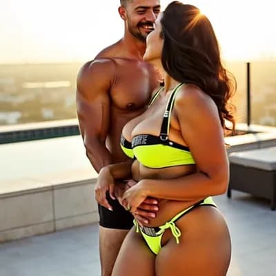 AI generated video: Wife turns around slowly to shows her classy outfit to her husband and kisses him as he admires her ...