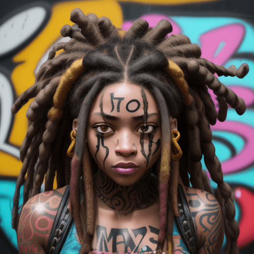 AI generated: Dreadlocks girl, in the style of dynamic and exaggerated facial expressions, graffiti word art, tren...