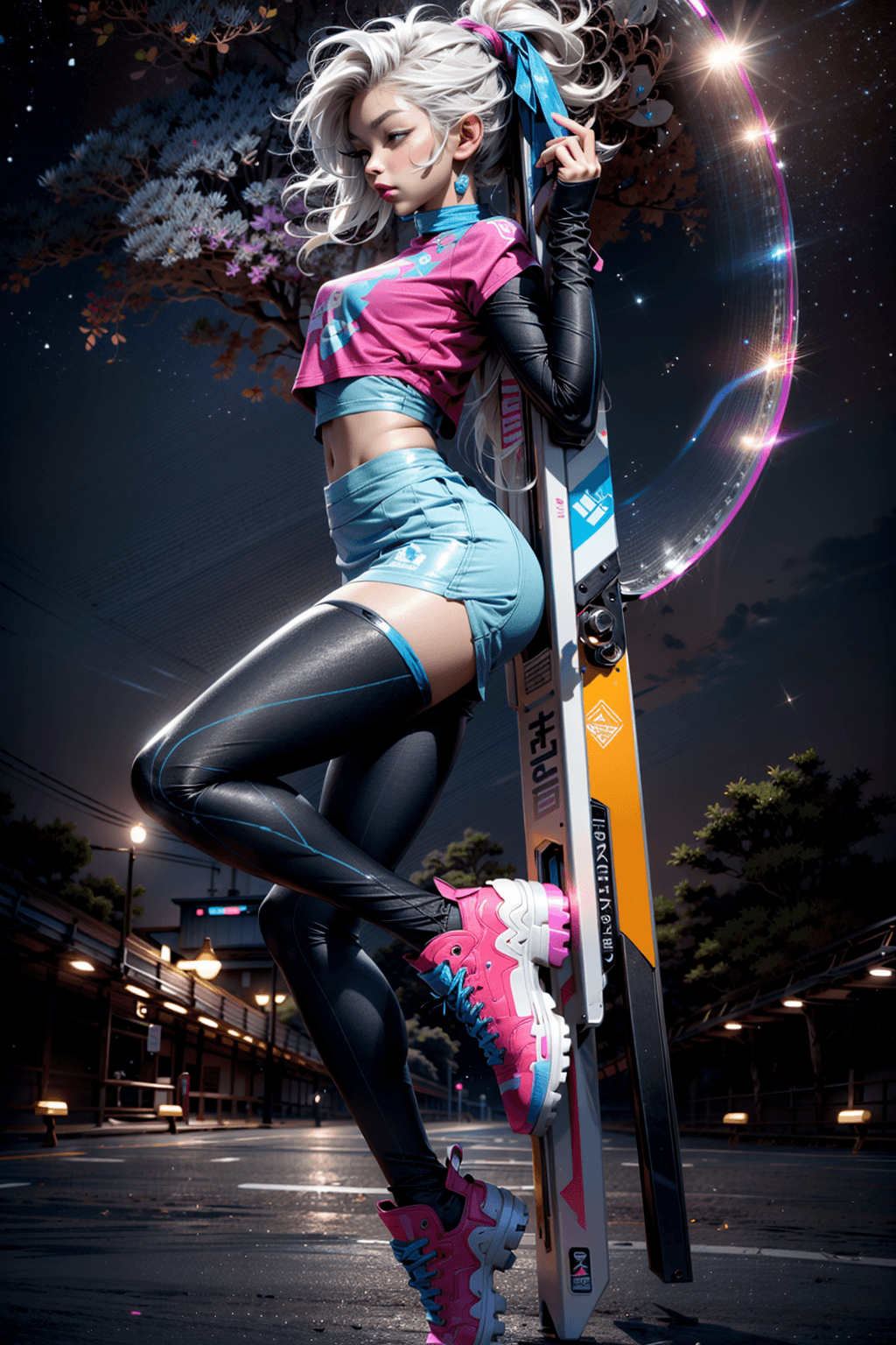 AI generated: blacklight, (beautiful young Korean woman, with white hair in a braided ponytail, wearing a white te...