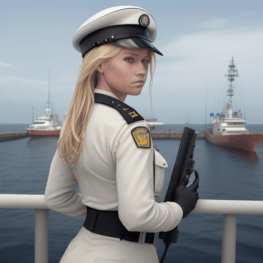 AI generated: A realistic high-definition photo of a blond female security officer standing at a port, diligently ...