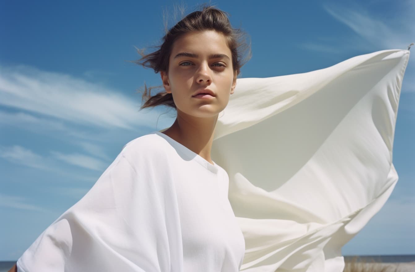 AI generated: slavic 18 years old model standing on top of a sandy beach, a portrait of issey miyake, slavic featu...