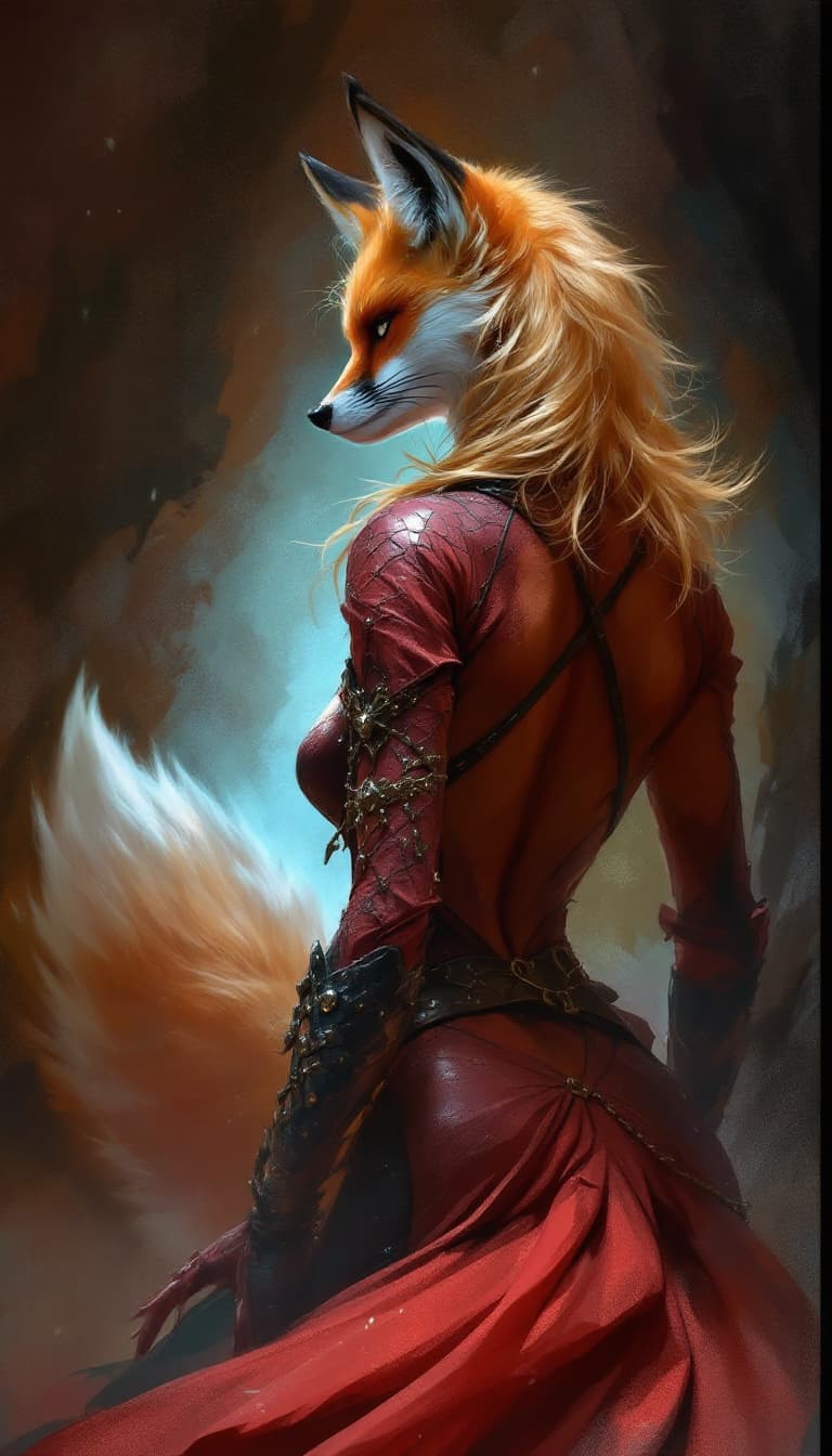 AI generated: digital painting of fox woman, comics art,, stylized, back view