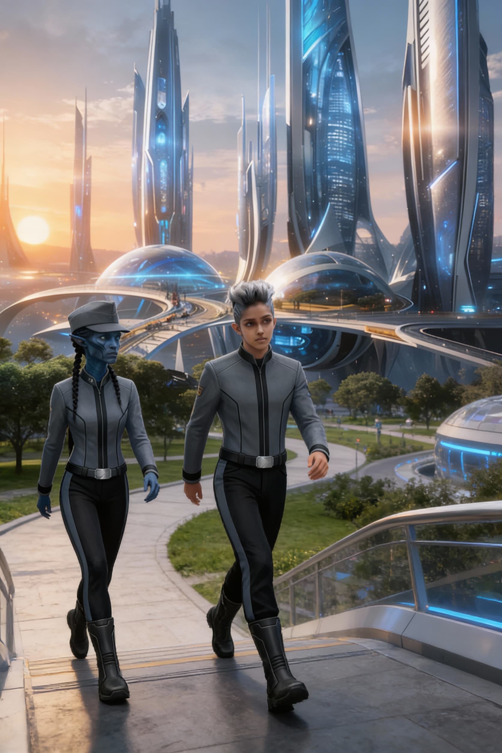 AI generated: Create Sci-Fi images. Use the characters in reference images 1 and 2. Place then in the Uniforms of ...