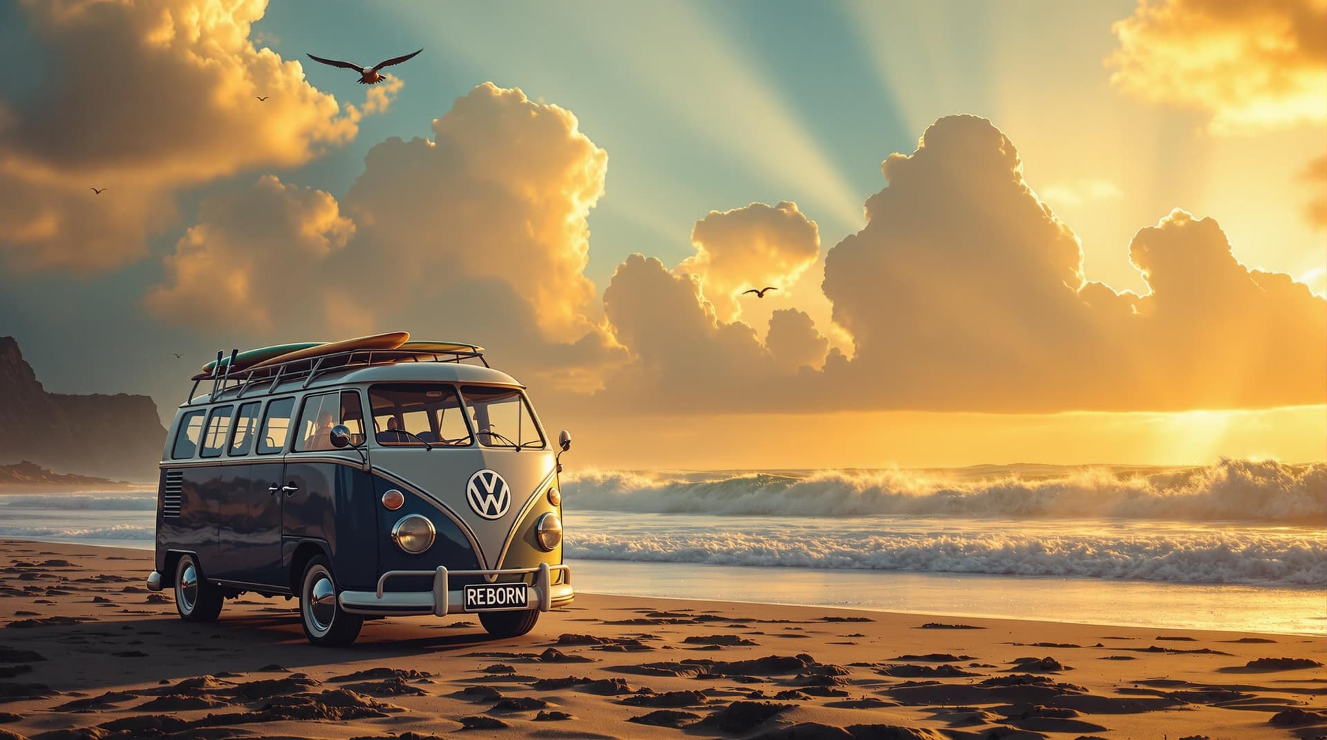AI generated: A vw classic samba T-1  bus on a golden sunset beach with ethereal light in the sky golden rays eman...