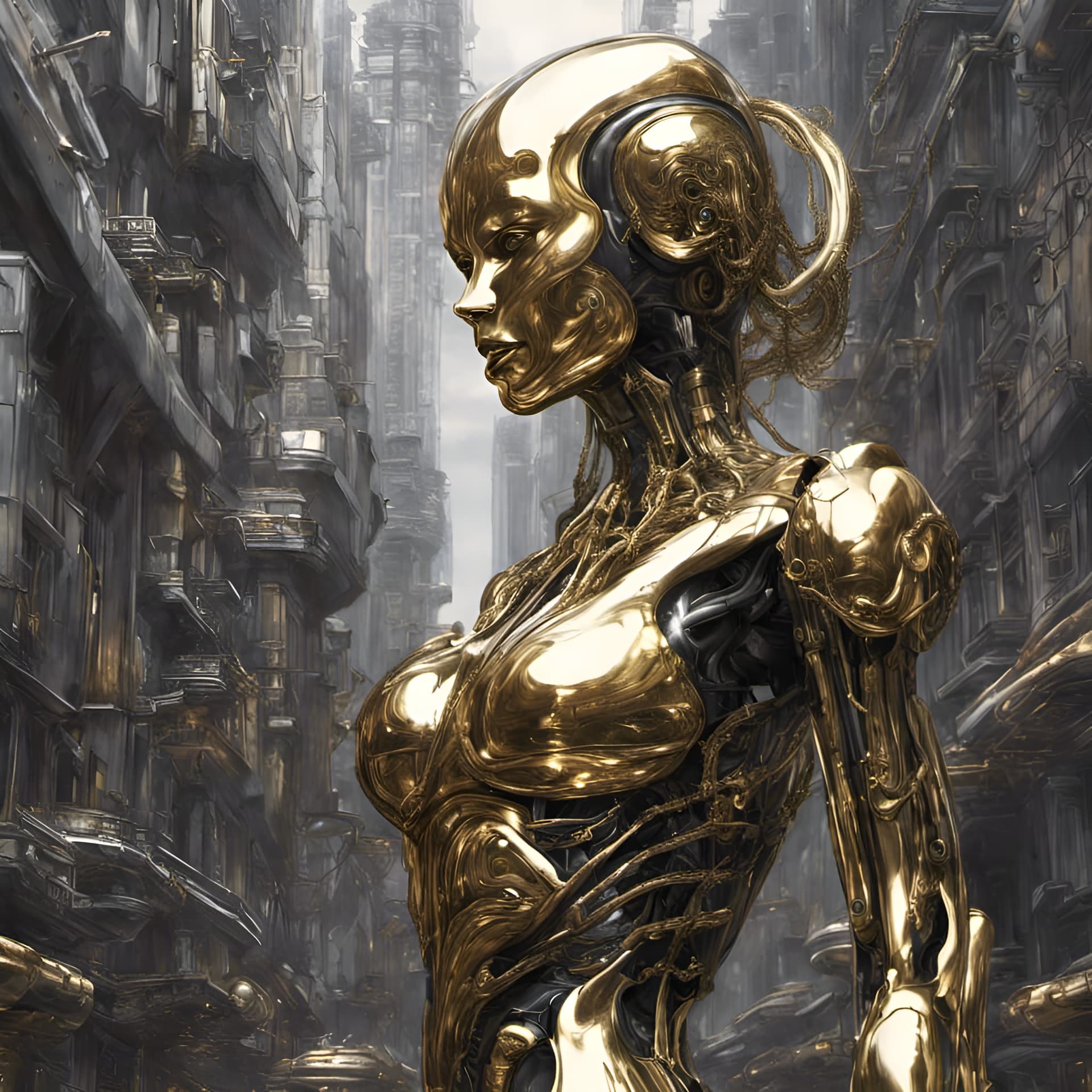 AI generated: a futuristic sci-fi city composed of saxaphones is people by beautiful female robots, everything is ...