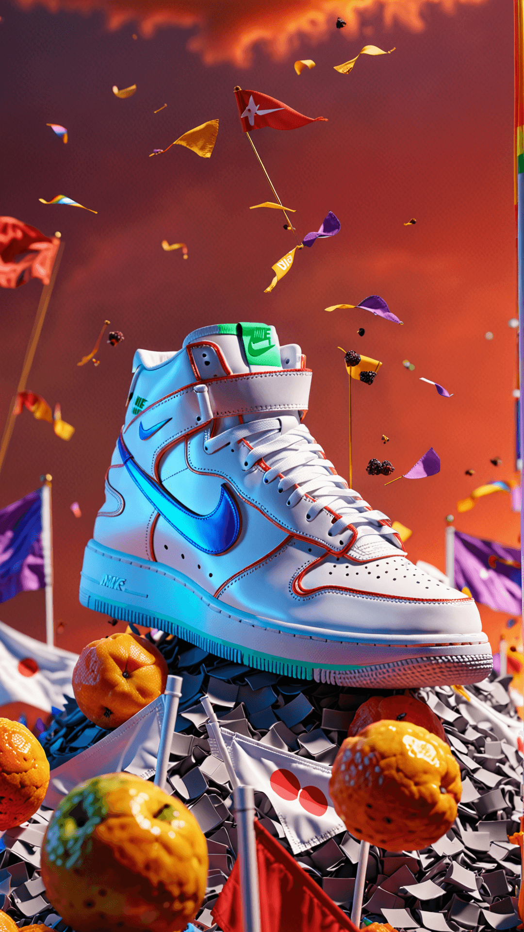 AI generated: sneakers in the style of Nike Airs made of dried fruit, futuristic solar-punk, high detail, bright c...