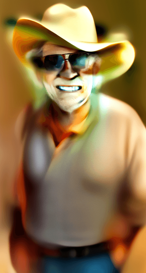 AI generated: An old man wearing cowboy hat is standing in front of the camera, face always smiling, realistic, 3d...