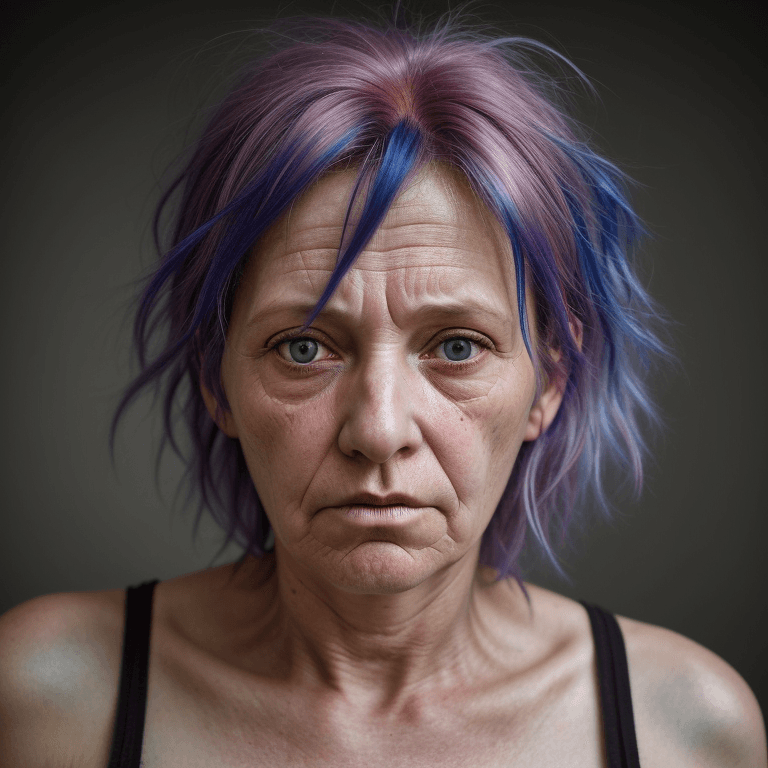 AI generated: hyper realistic headshot photo of a 40 year old, lightly overwight unkempt woman, homeless, colored ...