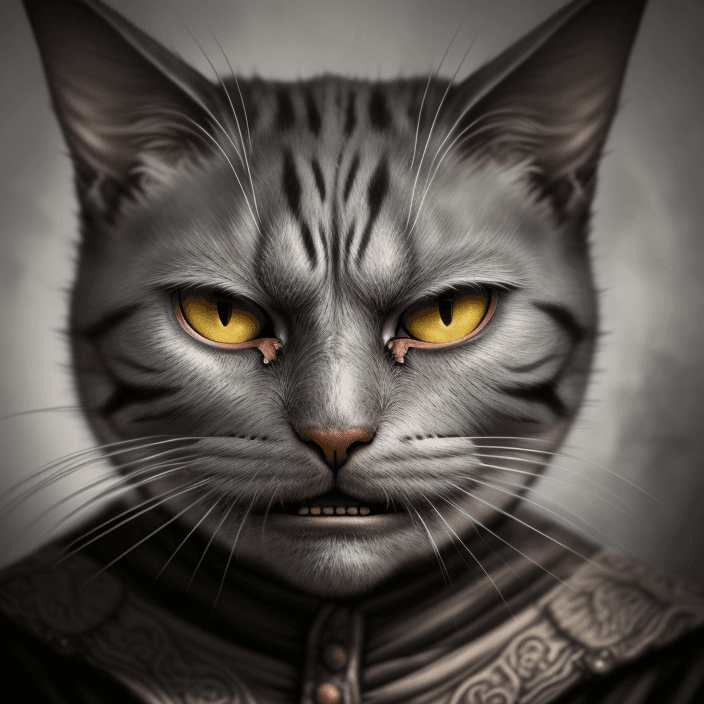 AI generated: An imaginative close-up front view portrait of an old, wise and scary  cat's face.