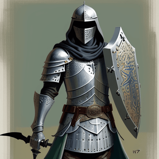 AI generated: a drawing of a Arabic knight with shield and cloak, in the style of adventure pulp, dark white and b...