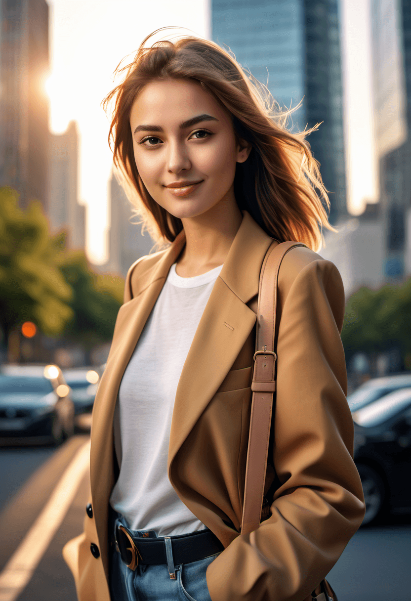 AI generated: A young, beautiful girl in her early 20s, modern urban setting, stylish and fashionable, standing on...