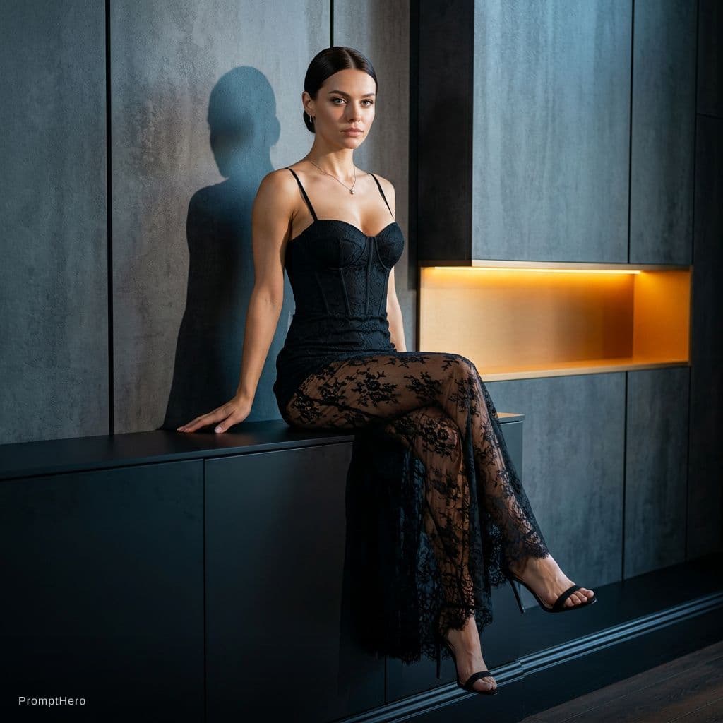 AI generated: A highly detailed, photorealistic, cinematic medium-full shot of a beautiful  posing in a sophistica...