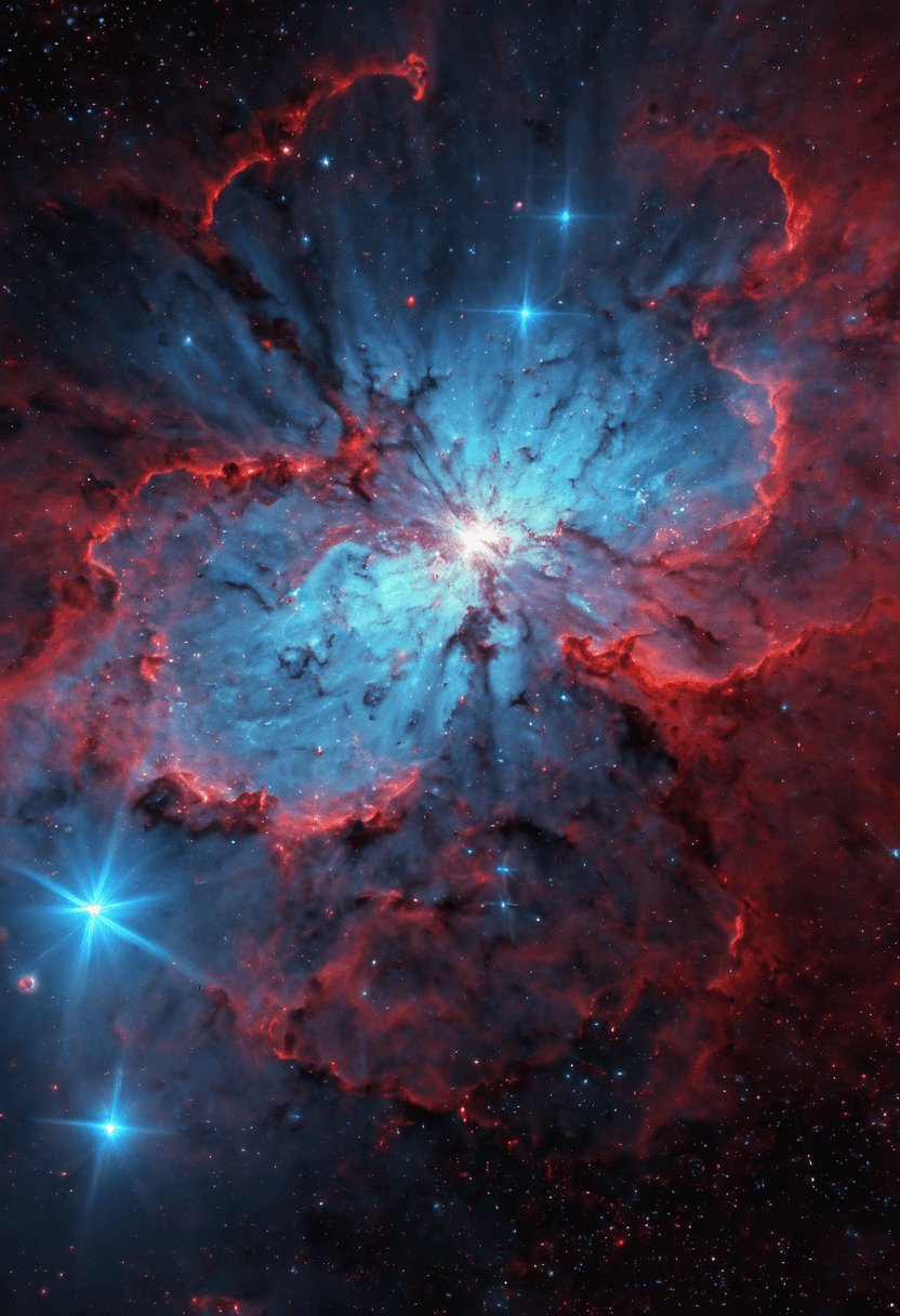 AI generated: A high detail cosmic nebula with vibrant reds and blues, dynamic colors and shifting lights, intrica...