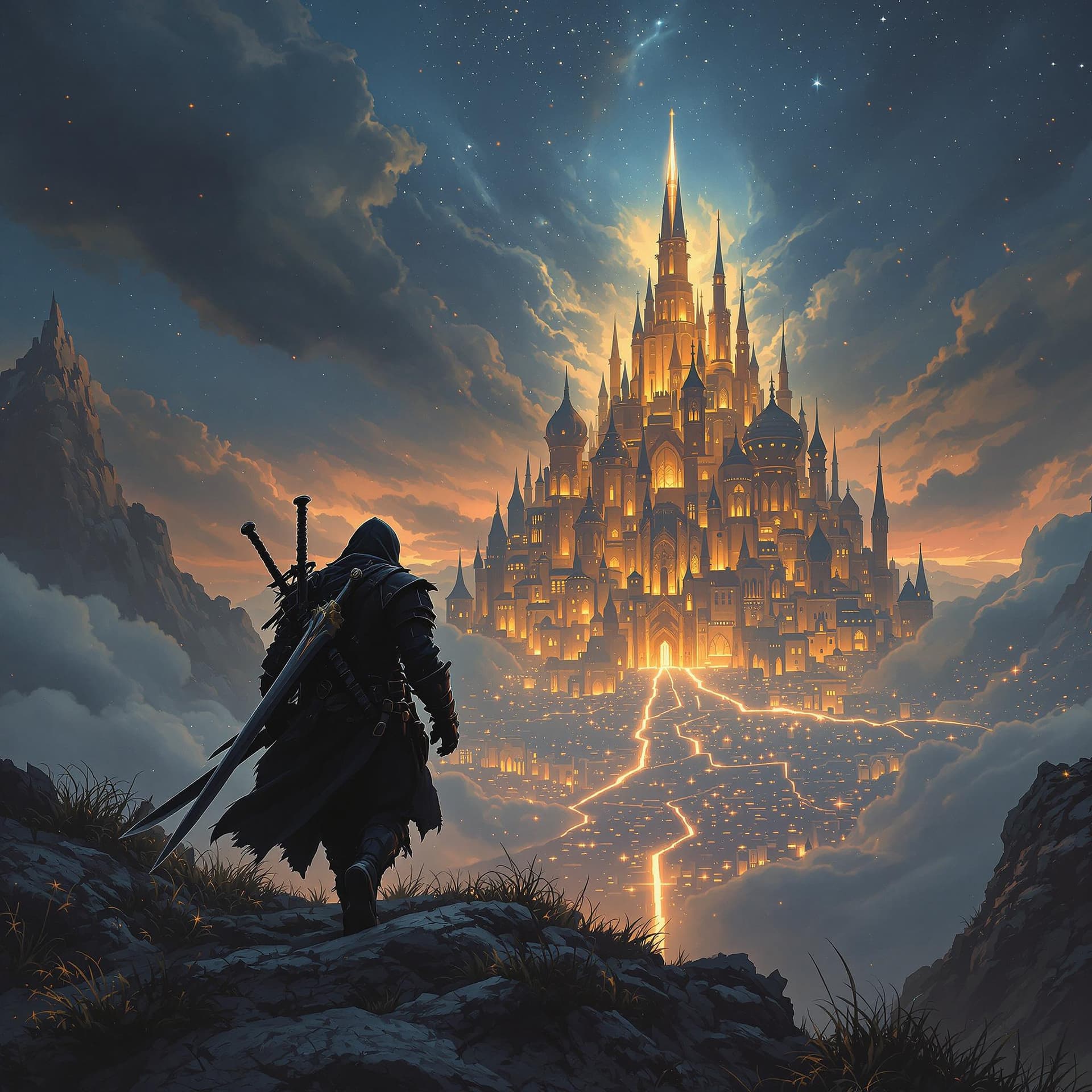 AI generated: Mysterious Ranger approaching an illuminated city in the sky as he walks towards it he wears a sword...