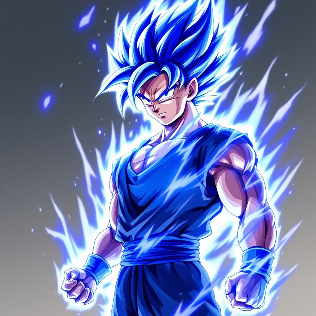 AI generated: Goku in Super Saiyan Blue Form: Goku in his Super Saiyan Blue form, with blue hair and aura.