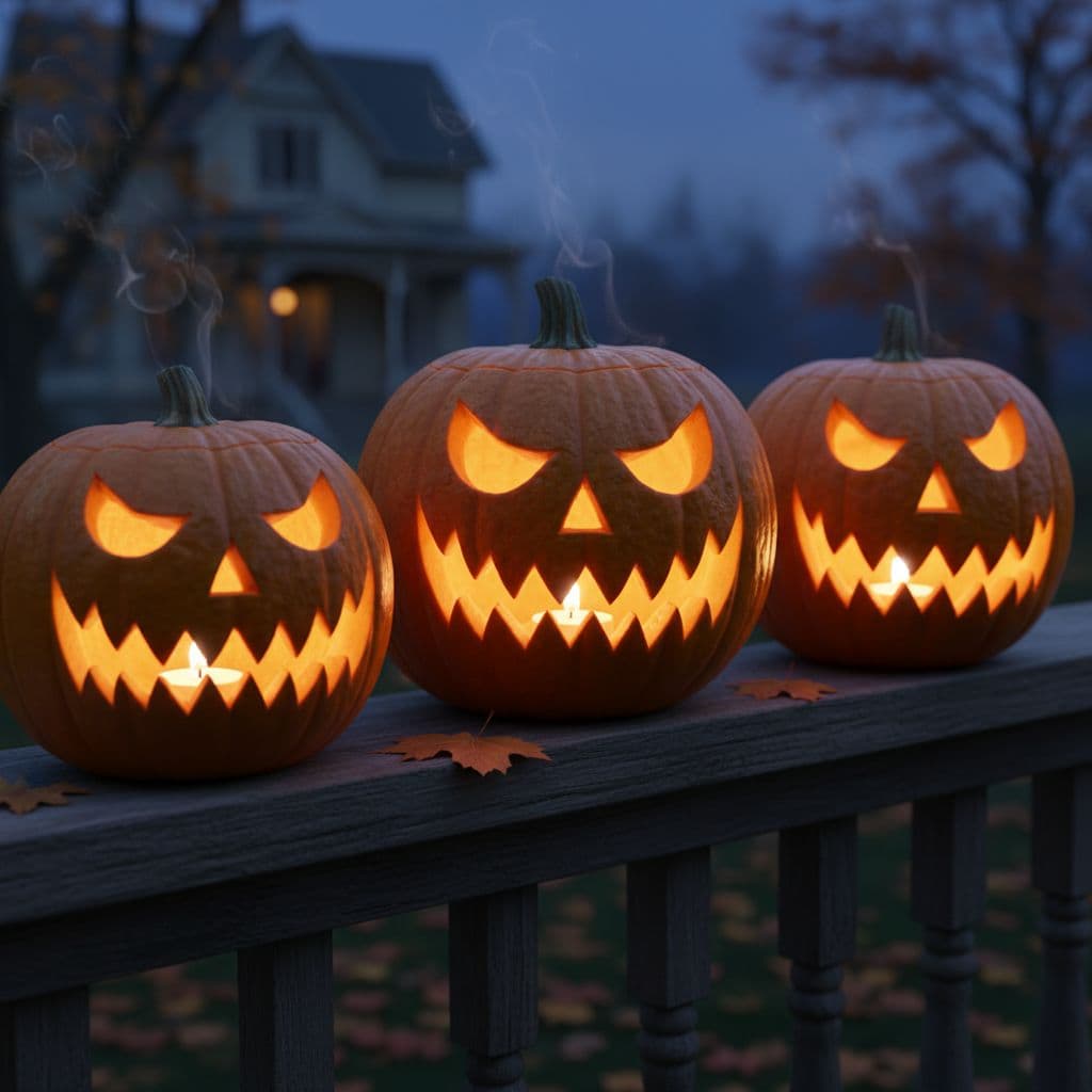 AI generated: "Cinematic close-up of carved jack-o-lanterns, glowing candlelight inside, ultra-real texture"
