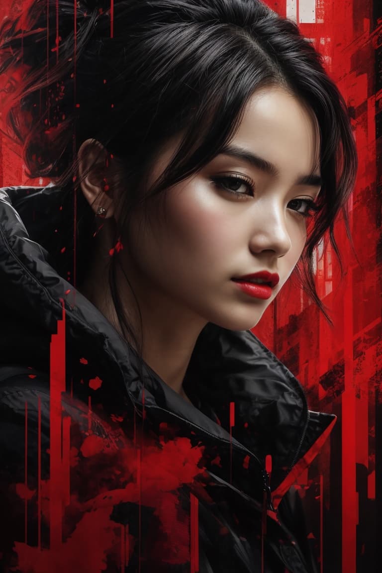 AI generated: a woman with black hair and a red background, a photorealistic painting by Kim Deuk-sin, trending on...