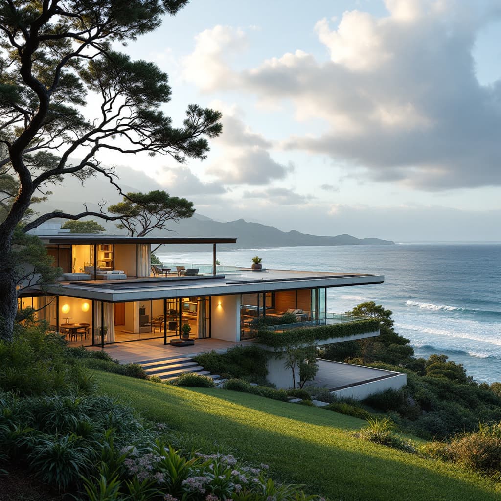AI generated: Hyper realistic eye level exterior photo of a mid century modern style house overlooking the ocean, ...
