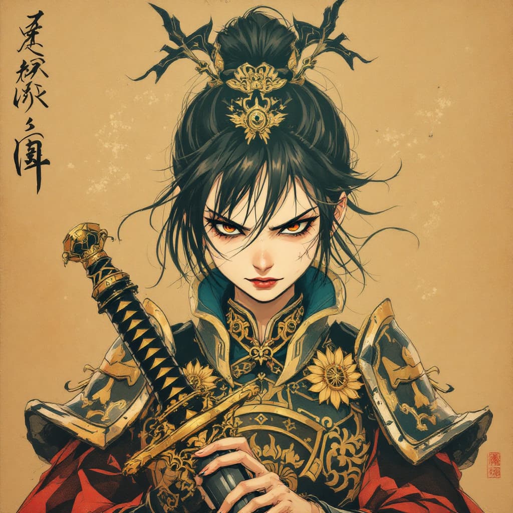 AI generated: chinese ink painting, masterpiece, best quality, 1 girl, cool, angry, short hair, Chinese armor,swor...