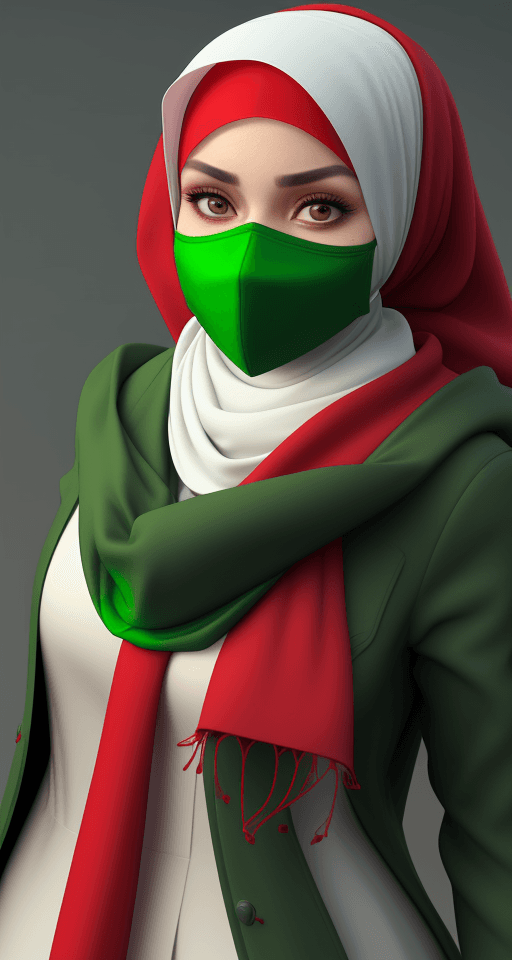 AI generated: A serious-looking hijab woman with red hijab, green jacket and green scarf, white cloth and white fa...