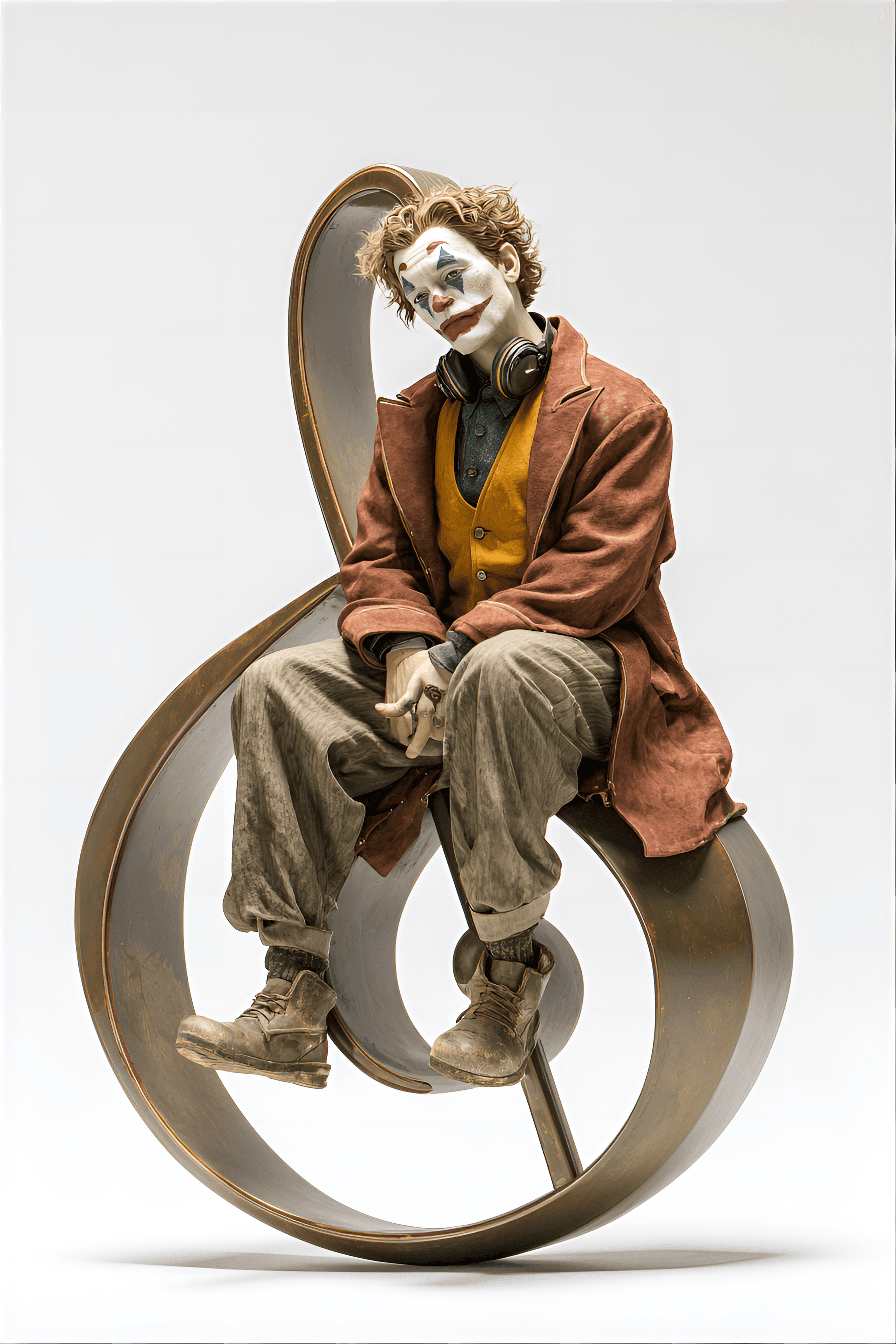 AI generated: Caucasian male, mid-20s, The Joker character, sitting in a pensive pose,  wearing a reddish-brown ja...