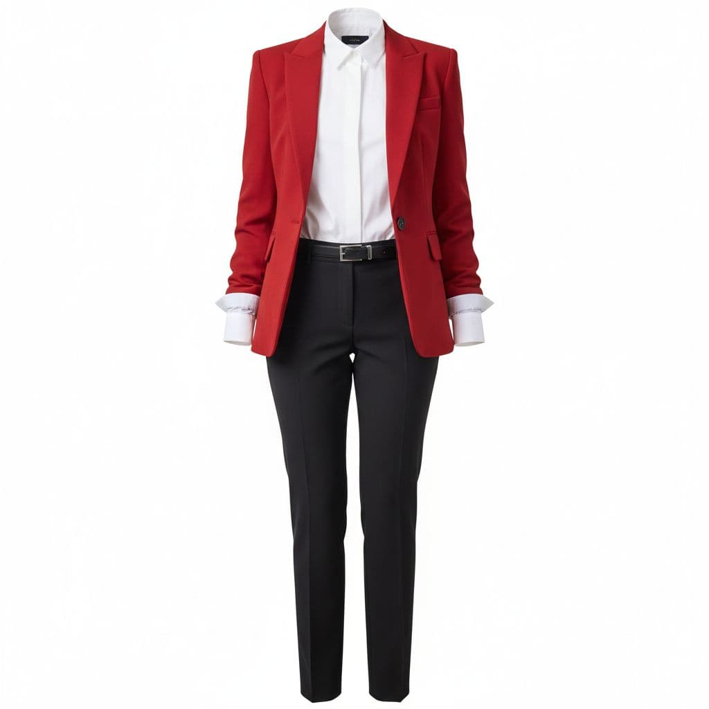 AI generated: a red suit black trousers and white shirt female outfit on a white background do not add any person ...