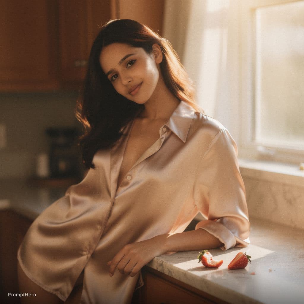 AI generated: A confident woman leans against a sun-warmed kitchen counter, her loose silk blouse casually unbutto...