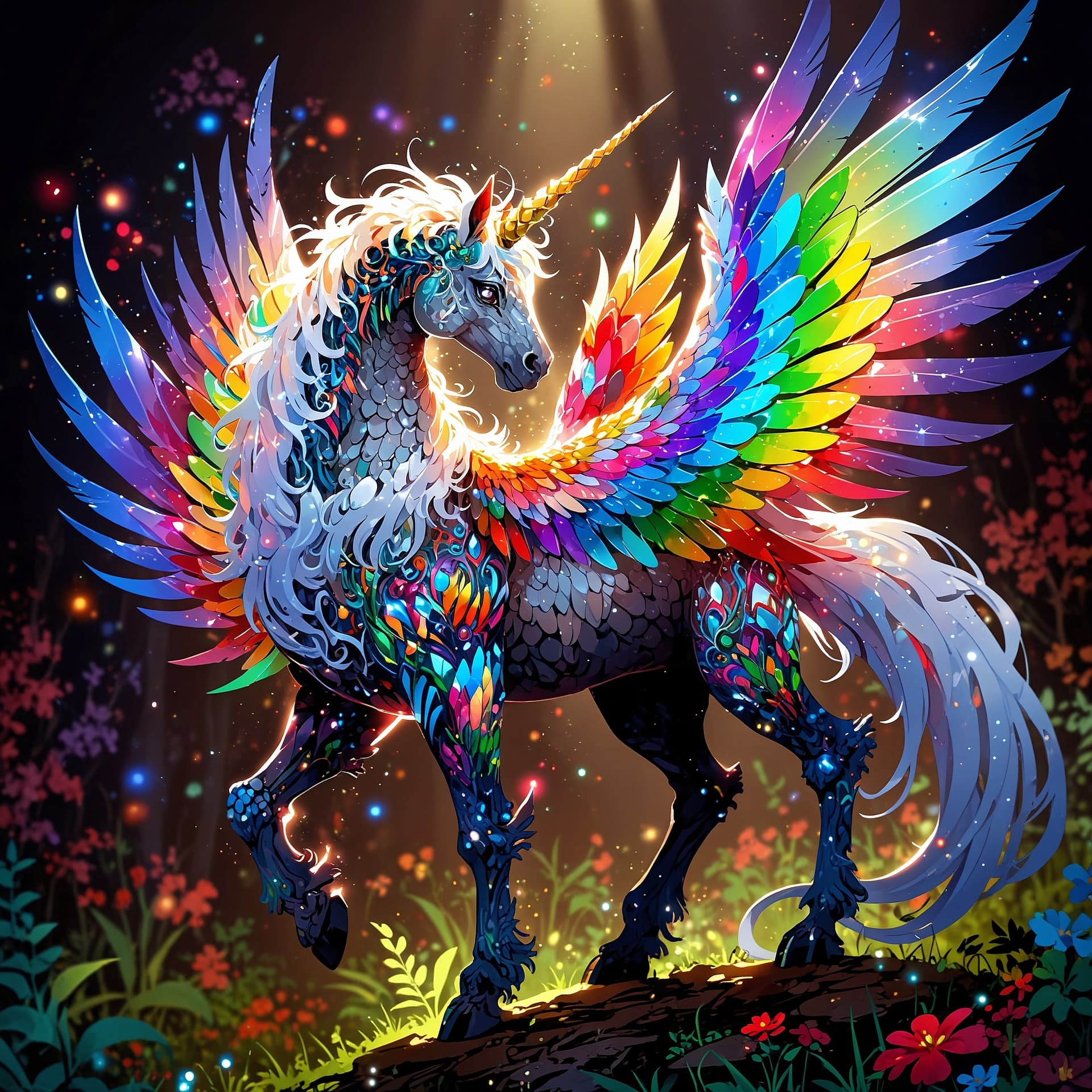 AI generated: In a whimsically sparkling painting, a fantastical creature stands tall, covered in shimmering sequi...