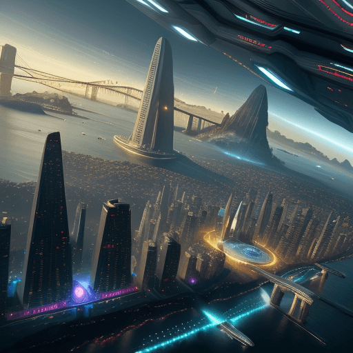AI generated: futuristic city, star trek, federation, earth, san francisco, golden gate bridge, headquarter, lands...