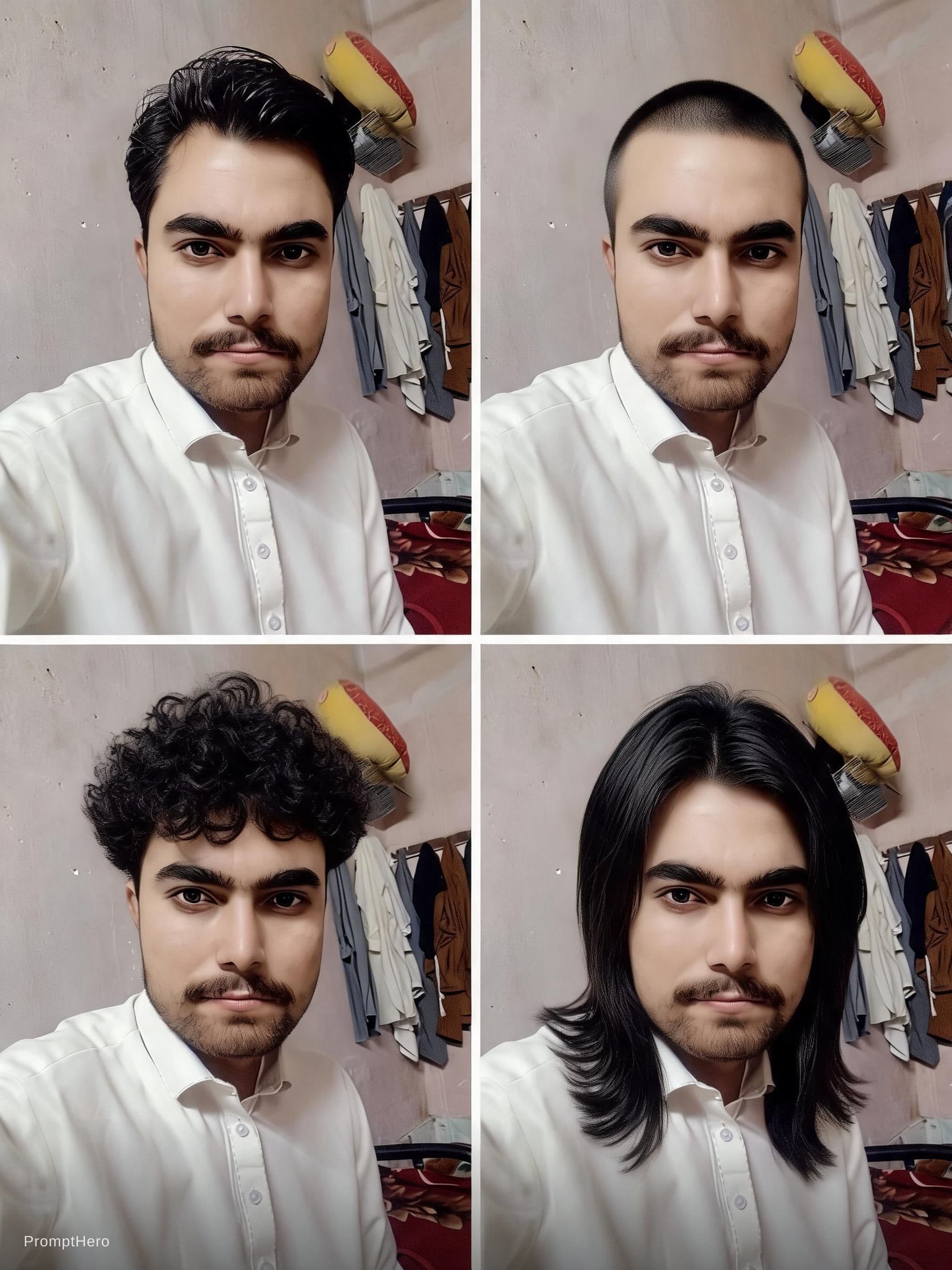 AI generated: Multiple hair styles in one image, same person different hair styles. 