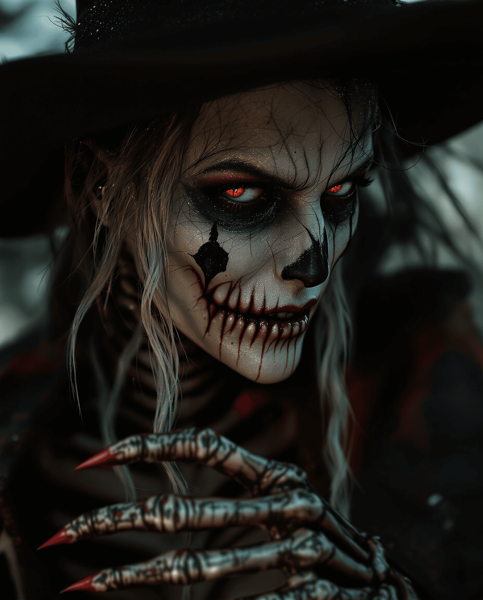 AI generated: the vampire witch with hat and skeleton looking, in the style of eve ventrue, vray tracing, paul hed...