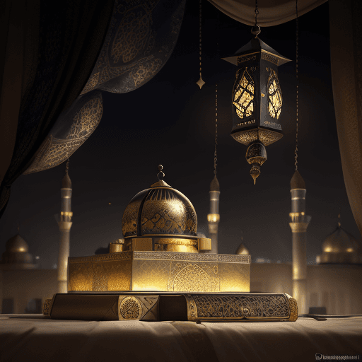 AI generated: Close-up of the Ramadan lantern with the cannon and the decorated Qur’an, mosques in the background,...